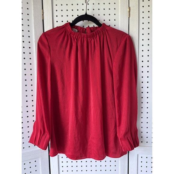 Hobbs London Ruffle Mock Neck Red 3/4 SLV Blouse Satin Feel Women's 4 Small - Picture 1 of 7